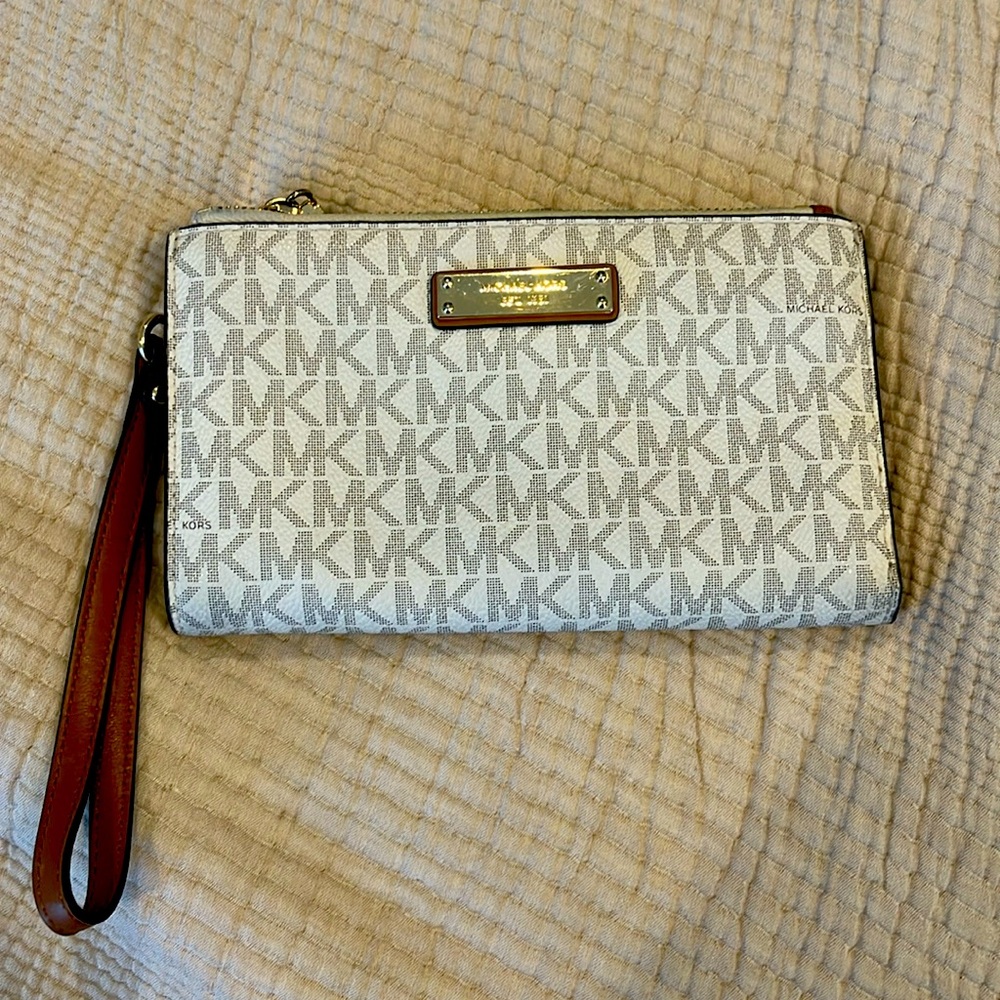 Michael Kors, white and brown wristlet